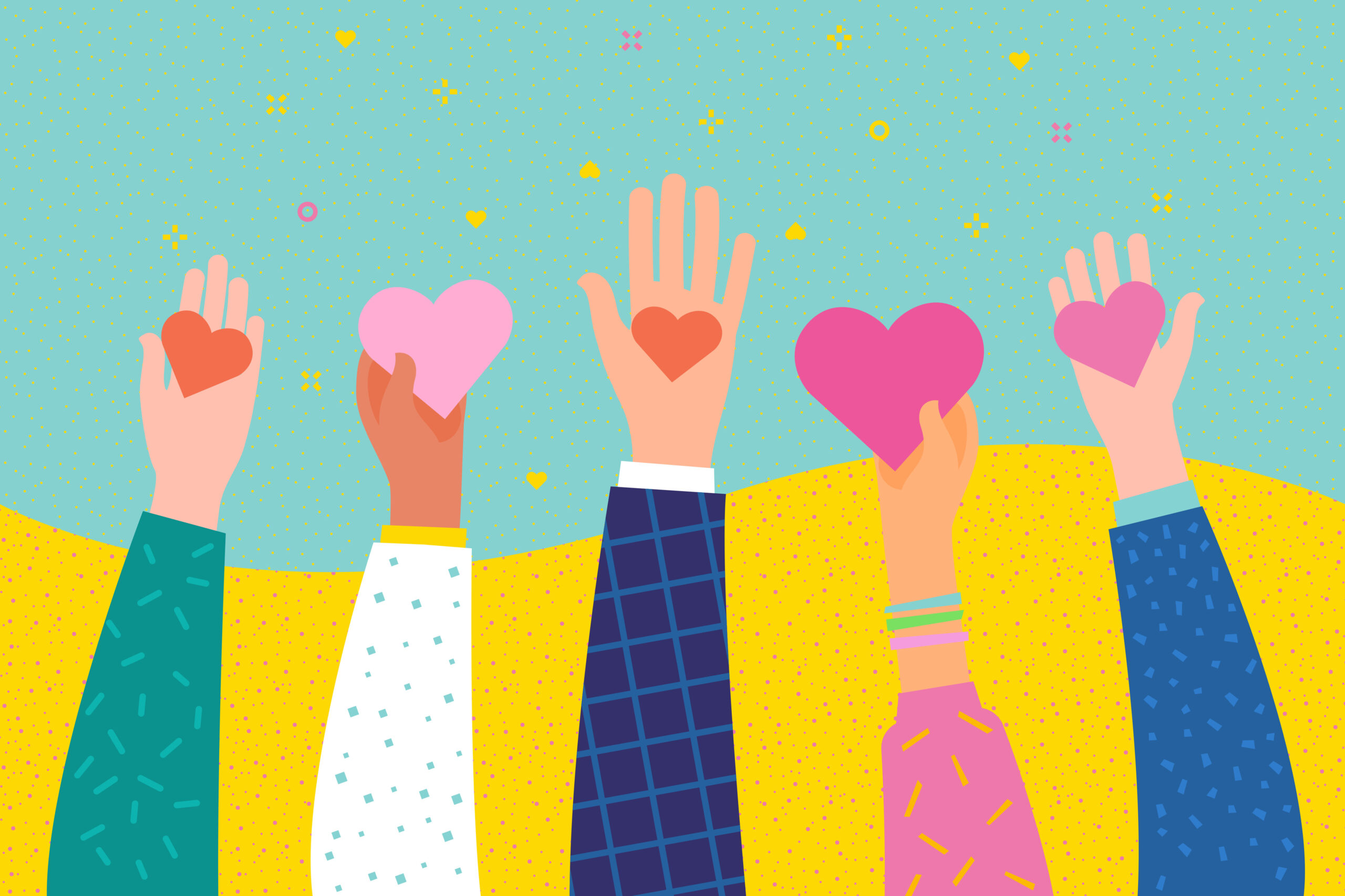 <p>Concept of charity and donation. Give and share your love to people. Hands holding a heart symbol. Flat design, vector illustration.</p>
