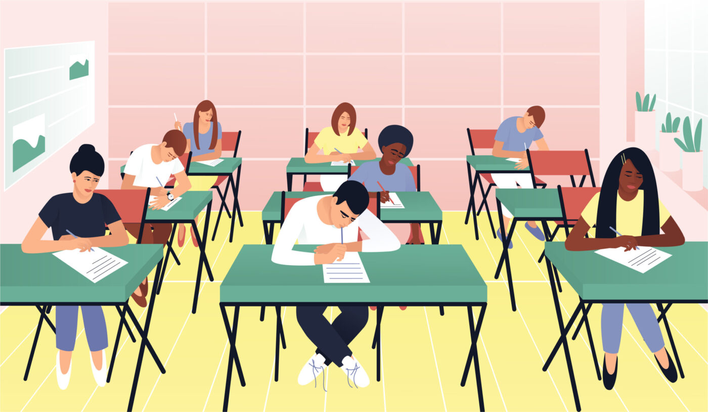 <p>Students write a test exam in a beautiful classroom. Learning concept. Teenagers with different skin colors. Exam test. Test question. Flat vector cartoon illustration.</p>
