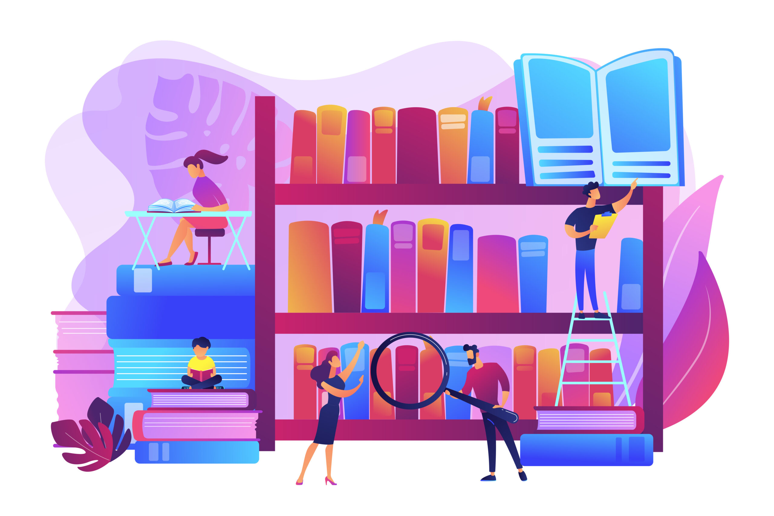 <p>Reading books, encyclopedias. Students studying, learning. Public library events, free tutoring and workshops, library homework help concept. Bright vibrant violet vector isolated illustration</p>
