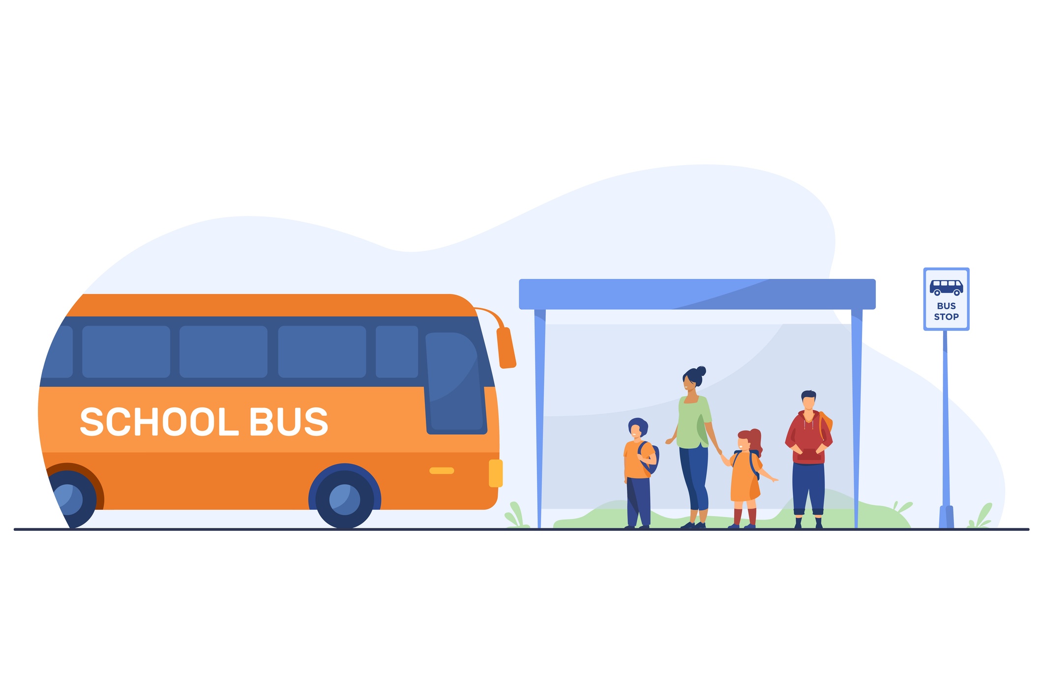 <p>Children with teacher waiting for bus at bus stop. School, vehicle, kid flat illustration. Transportation and education concept for banner, website design or landing web page</p>

