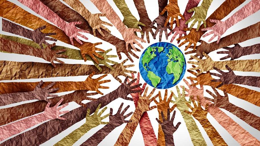 <p>World culture earth day and global diversity and international cultures as a concept of diverse races and crowd cooperation symbol as hands holding together the planet earth in a 3D illustration style.</p>

